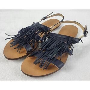 J.Crew Fringe Leather Slingback Adjustable Buckle Sandals Flats in Black | 10